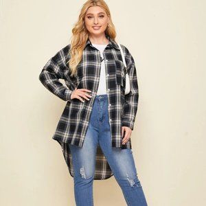 Shein Plus Pocket Front Dip Hem Plaid Blouse